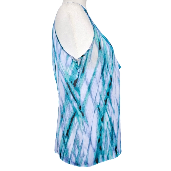 Anne Klein green-blue purple sleeveless blouse top abstract pattern ruffled neck - Picture 6 of 12